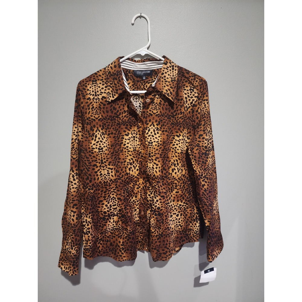 Jones New York Signature Leopard Print Button Down Shirt Brown Tan Black NWT L